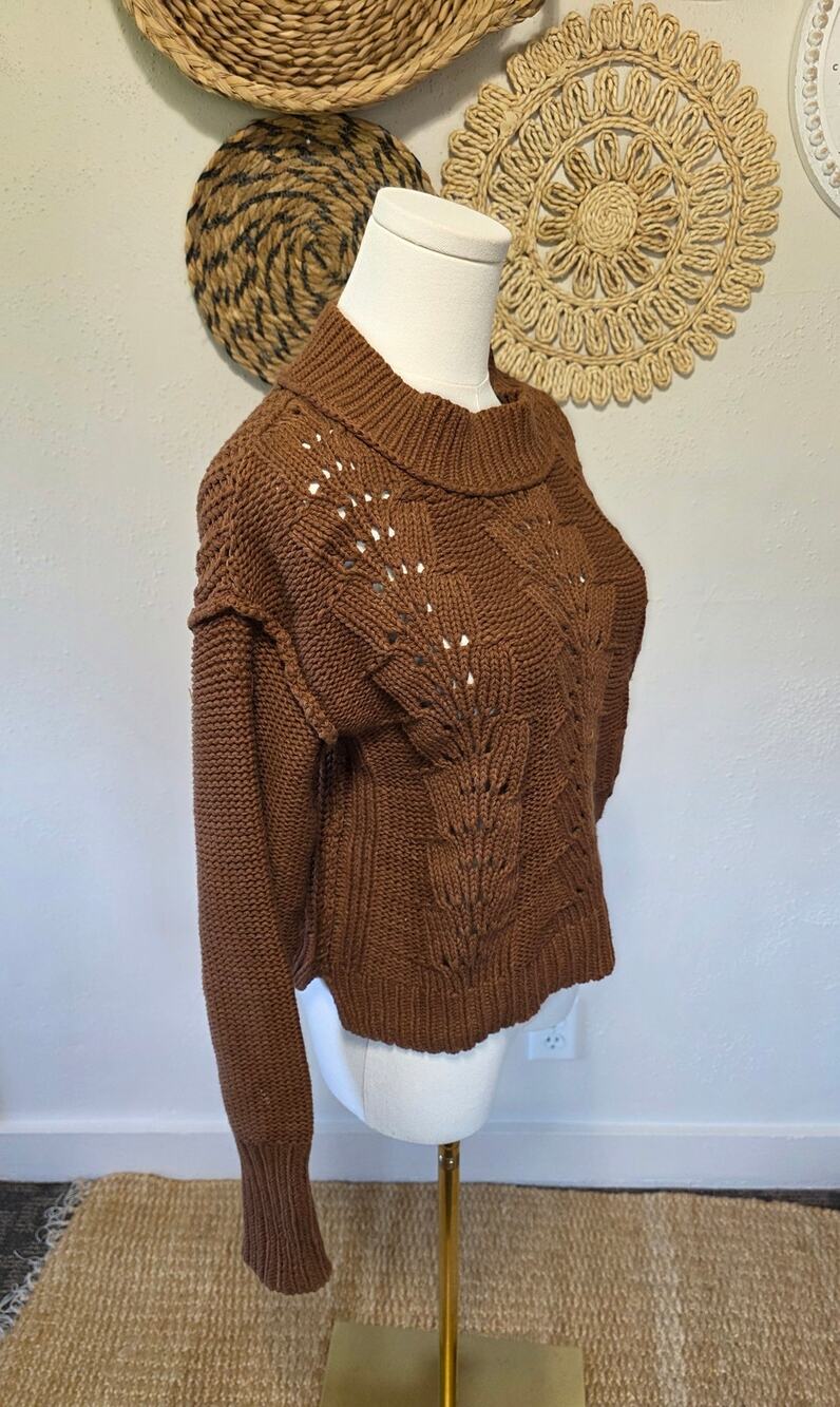 Free People Bell Song Pullover Sweater Chocolate Swirl Brown Cable Knit Crop XS